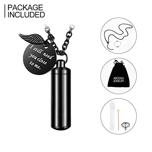 Abooxiu Cylinder Urn Necklace For Ashes Cremation Jewelry/Keychain For Human Pet Stainless Steel Memorial Keepsake Pendant With Angel Wing Charm Ashes Jewelry-Black M #TOP6