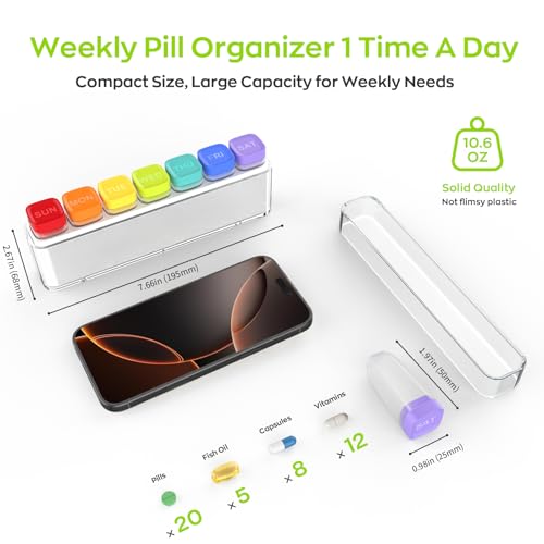 Image of Weekly Pill Organizer 1 Time a Day, HIONXMGA Portable Detachable Travel Pill Box 7 Day, Large Once Daily Pill Holder Case, Color-Coded Dispenser for Vitamin Medicine Supplement Fish Oil, White