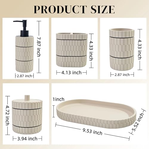 Bathroom Accessory Set, 6 Piece Bathroom Essentials Sets Accessories, Soap Dispenser Set, Toothbrush Holder, Vanity Tray, Tumbler, Cotton Swab Jars, Decor Organizer for Modern Bathrooms(Beige) - Image 2