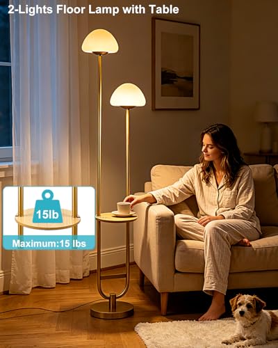 Image of 2-Light Gold Dimmable Floor Lamp with Table, Modern Floor Lamps for Living Room, 3000K Warm White Tall Standing Lamp with Mushroom Shades & Bulbs for Bedroom /Office