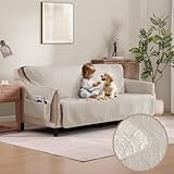 Pamhaven Quilted Beige Sofa Slipcovers with Pockets, Anti-Slip Medallion Couch Covers for 3 Cushion Sofa, Couch Cover for Dogs Cats Water-Repellent Machine Washable (Large Sofa 68', Beige Cream)