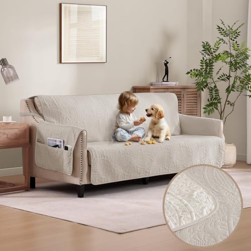 Pamhaven Quilted Grand Sofa Cover in Beige