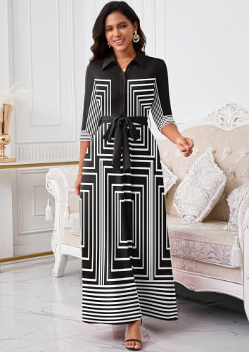 Image of Rumwind Maxi Dresses for Women, 3 /4 Sleeve Shirt Collar Casual Afircan Print Church Dress Button Down with Belt and Pockets