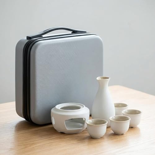 日本酒 熱燗器 酒器セット 冷酒・熱燗・焼酎対応 美濃焼風 陶磁器製 酒瓶・おちょこ・温めボウル・加温ベース付き 収納バッグ付属 ブラック 和風デザイン おもてなしに適した酒器揃い (バッグカバーがない,01)（Amazon）
