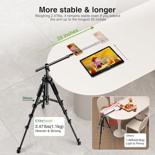 Image of elitehood Magnetic Overhead Tripod for iPhone with 25in Long Extendable Arm, 59in Horizontal Tall Phone Tripod for Video Recording, 360 Swivel Tilt Overhead iPhone Stand Holder for Filming Recording