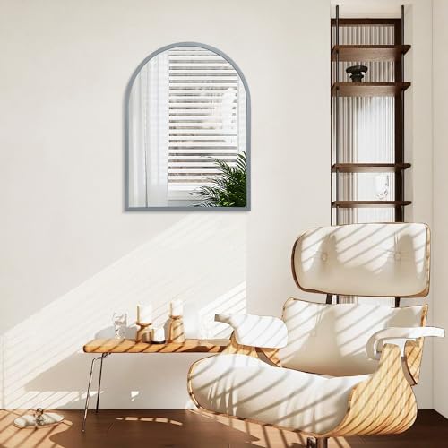 Image of Arch Wall Mirror Bathroom Mirror Metal Framed Mirrors, Arched Wall Mounted Vanity Mirror for Bedroom Entryway Living Room 26 inchx18 inch Gray