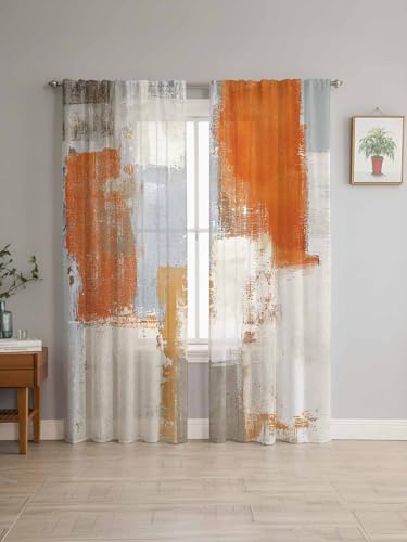 AMZRicher Orange Brown Gray Beige Sheer Curtains 84 Inch Length