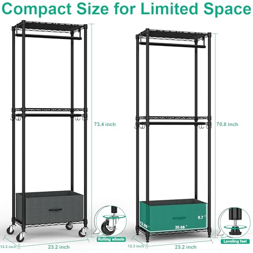 Freestanding Clothes Rack with Drawer, 3 Tier Clothing Rack for Hanging Clothes Rolling Garment Rack with Double Rods Metal Wire Shelving Wardrobe Portable Closet Organizer Rack with Wheels, Black by Folews - Image 3