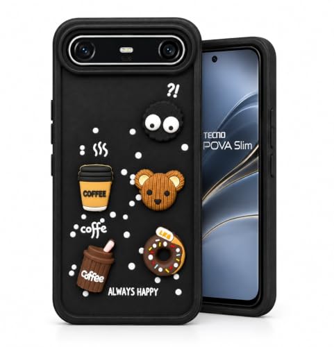 Image of Bintage Back Cover Compatible for Tecno KM9 / Pova Slim 5G | Cute Fun Ball | 3D Taddy Smiley Coffee | Milk Case | Full Body Protection - Black