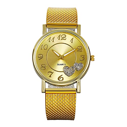 Big Mesh Watches Montre pour femme - Montre dorée pour femme - Mouvement rose - Ceinture en forme de cœur - Montre de jour pour couple - Bracelets qui...