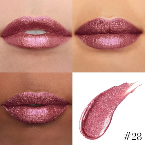 Image of evpct Light Plum Red Metallic Glitter Lip Liner and Lipstick Combo Lip Gloss Stain Set Makeup for Women Long Lasting Waterproof 24, Non Stick Cup Metal Shine Shiny Shimmer Iridescent Liquid Lipstick