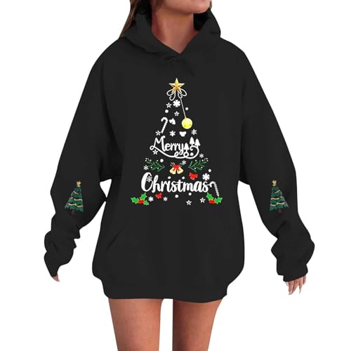 Image of Ydsxlp Christmas Party Tops for Women UK Tree Print Oversized Hoodie Black