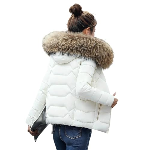 Vhersily Chaqueta Acolchada Corta para Mujer con Relleno, Capucha de Piel, Antiviento, Elegante, Casual, Softshell, Estilo Urbano Y2K, Invierno a la Moda, con Bolsillos, Color Liso, para Trabajo y