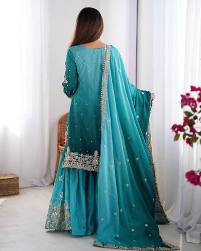 Image of Pandadi Saree Women's Chinon Silk Embroidery Kurta Sharara Set With Dupatta.
