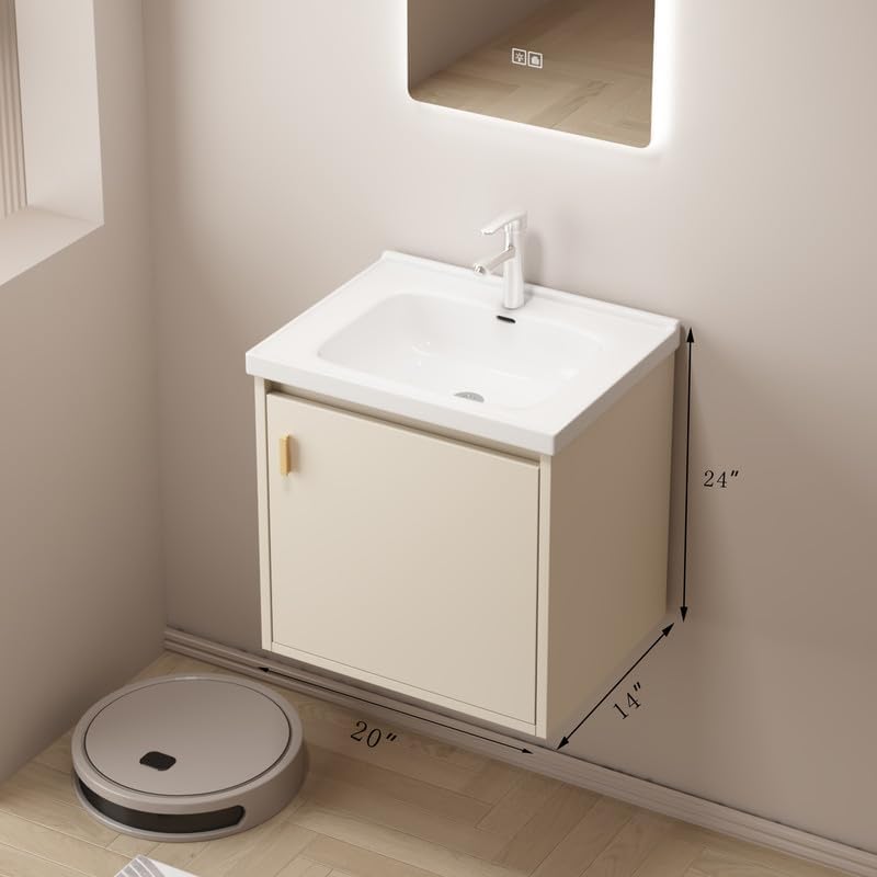 Miniatura 2 de Tocador de baño pequeño de 20 pulgadas montado en la pared, pequeño tocador de baño con fregadero de cerámica, tocador de baño moderno con cajones