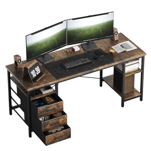 HOMRELEXA Computertisch, Schreibtisch mit 3 Schubladen und 3 Justierbaren Regalen, 120x60x75cm Umkehrbarer PC Tisch, Bürotisch Moderner Stil, für Büro Arbeitszimmer Schlafzimmer Wohnzimmer, Brandholz