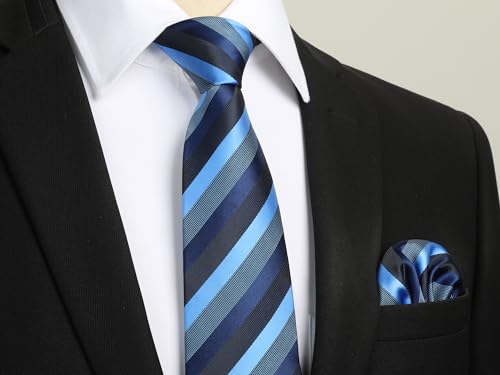 Image of HISDERN Mens Tie Striped Ties and Handkerchief Set Business Formal Woven Pocket Square Wedding College Stripe Necktie
