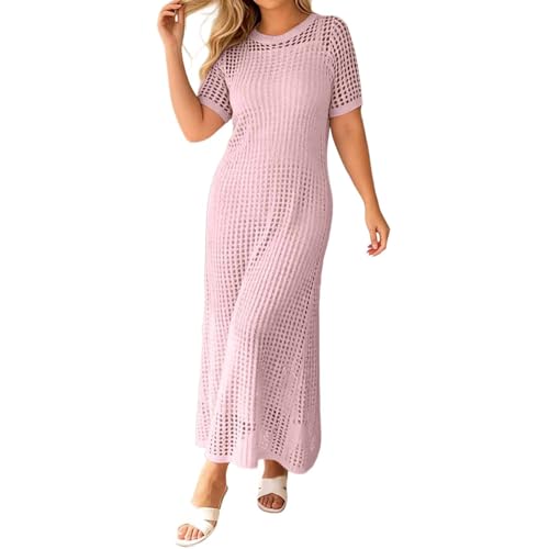 Robe d'été pour femme longue en tricot uni et col rond style bohème