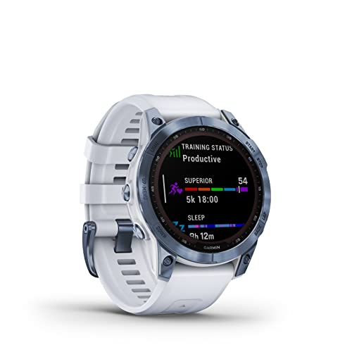Wearable4U Garmin Fenix 7 Sapphire Solar Multisport Gps Touchscreen Smartwatch, Mineral Blue Dlc Titanium With Whitestone Band Black Earbuds Bundle #TOP3