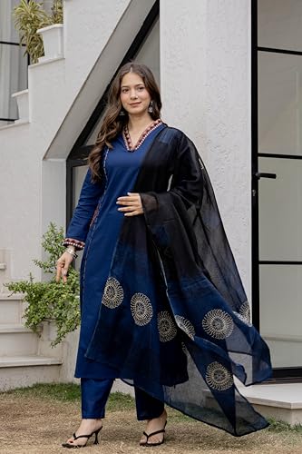 Image of MEERA FAB Women Floral Printed Pure Cotton Straight V-Neck Kurta with Palazzos & Dupatta