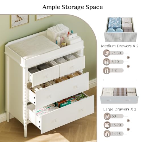 Image of JOINICE White Nursery Dresser with Changing Table, 4 Drawers for Storage | Jenny Lind Spindle Style Dresser and Removable Baby Changing Station Combo for Kids Bedroom, Anti-Tip Kit for Safety