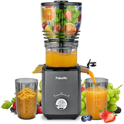 Pukomc Cold Press Juicer, 147MM feed chute for whole fruits and vegetables - 1.8L Capacity 300W Cold Press Juicer with slow grinding juicing, includes cleaning brush and juicing cup, grey.