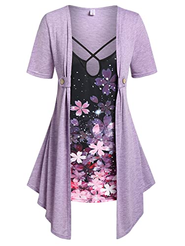 ROSE GAL Plus Size Curve Draped Flower Print 2 in 1 Criss Cross Tee Purple
