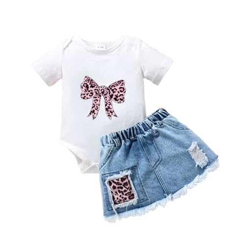 LUVCES Ropa para Niña Recién Nacida Mono de Manga Corta con Volantes y Falda Vaquera Rota Conjunto Traje de Verano para Bebé Lazo blanco 0 3 Meses
