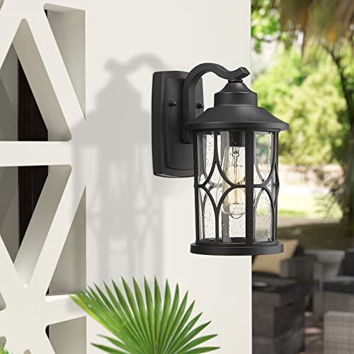 Image of zeyu Farmhouse Outdoor Wall Lantern - 12 Inch Exterior Wall Sconce, Cast Aluminum with Seeded Glass, Black Finish, ZX48B BK