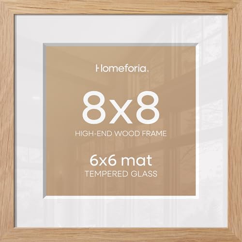 Image of Homeforia 8x8 Natural Oak Picture Frame, High-End Wood, 6x6 Mat, Glass | High End Solid Oak Wood, Tempered Glass, Acid-Free 6x6 Removable Mat, 8x8 Edge-to-Edge Display 8x8, Wall Kit, Set Of 1