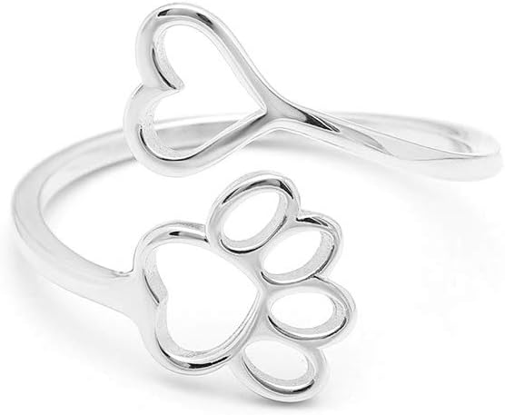 Ginger Lyne Collection Paw Print Ring for Women| White Gold over Sterling Silver Cubic Zirconia Adjustable Wrap Dog Rings for Her | Gift ideas for Dog Moms