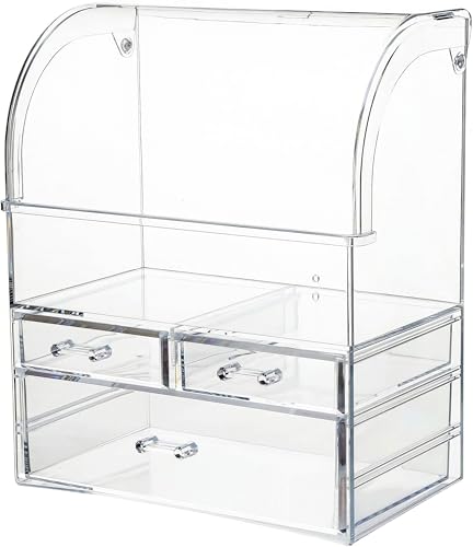 Image of Clear Large Acrylic Makeup Organizer With Lid Cosmetic Storage Drawers Portable Makeup Organizers Dustproof And Waterproof Box For Women (14in)