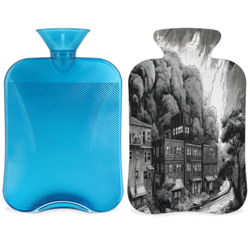 Hot Water Bottle with Soft Cover,2L Modern City Hot Water Bag for Hot and Cold Compress, Hand Feet Warmer, Abstract City Rubber Hot or Cold Water Bottle Halloween Christmas Decorations