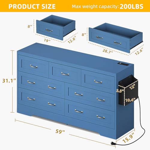 DWVO Farmhouse 7 Drawer Dresser for Bedroom, 31.5 Inch Tall Modern Dresser TV Stand with Large Drawers & Bar Handles, Storage Dressers with Power Outlets, Rustic Wood Chest of Drawers, Blue