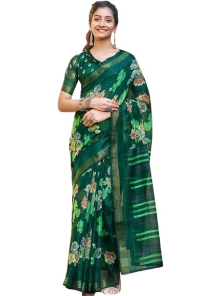 Image of SARETRA MALL Women's Cotton Printed Zari Stripe Saree With Unstitched Blouse Piece