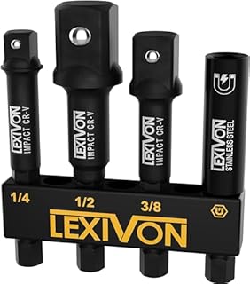 LEXIVON Set di Adattatori per Bussole a Percussione e Porta-Biti Magnetico | 4 Pezzi da 1/4 di pollice con Estensione a Scatto da 1/4, 3/8 e 1/2 Pollici | Include Supporto Organizzatore (LX-104)