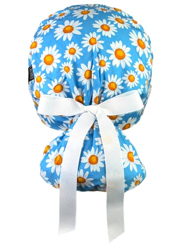Image of Scrub Cap for Women and Men, Ponytail Scrub Caps, Working Hat, Head Cover with Ribbon Ties and Buttons, Long Hair