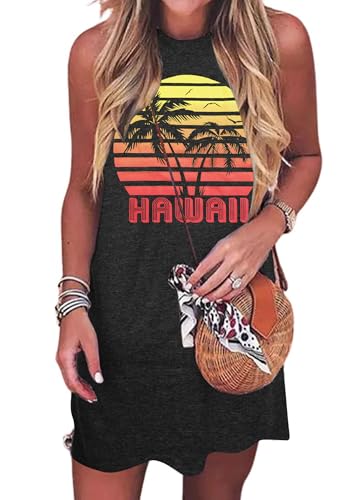 Image of MYHALF Summer Tank Dress for Women Sleeveless Beach Vacation Sundress Short Coconut Tree Sun Dress Casual Coverup