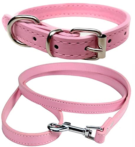 Vibrant Leather Dog Collar & Lead Combo Set for Puppy Dogs Small, Medium & Large (Large (36cm - 46cm Neck), Light Pink) - Image 2