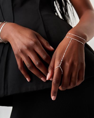 Moodear Sterling Silver Dainty Ring Bracelet Hand Chain for Women - 14K Gold Plated/Sterling Silver Layered Adjustable Satellite Bead Paperclip Dot CZ Link Hand Chain Bracelets Non Tarnish Trendy Jewelry Gift3