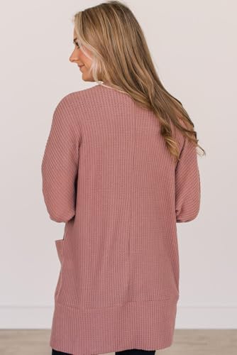 Women's Mineral Red Solid Color Waffle Knit Cardigan with Pocket3