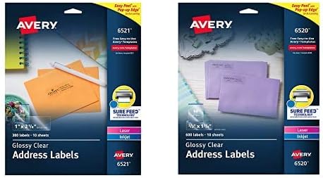 Avery Glossy Crystal Clear Address Labels for Laser & Inkjet Printers, 1 x 2-5/8 Inch, 300 Labels + 2/3" x 1-3/4" 600 Labels