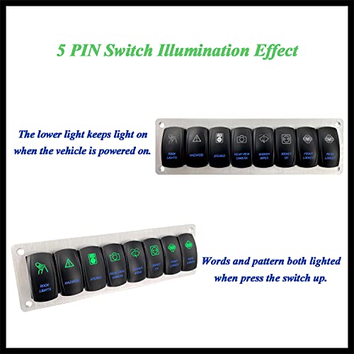 Image of Customize 8 Gang Rocker Switch Panel with Pre-Wired Jumper Wires Green & Blue Led Toggle Switch Panel for Car Marine RV Motorhome UTV ATV SXS 12V /20A 24V /10A IP66