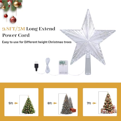 Christmas Tree Topper Star Warm White Light,Star Tree Topper for Christmas Tree Decoration Xmas Tree Topper with 30 LED Lights USB or Battery Operated 8.7 Inch - Image 3