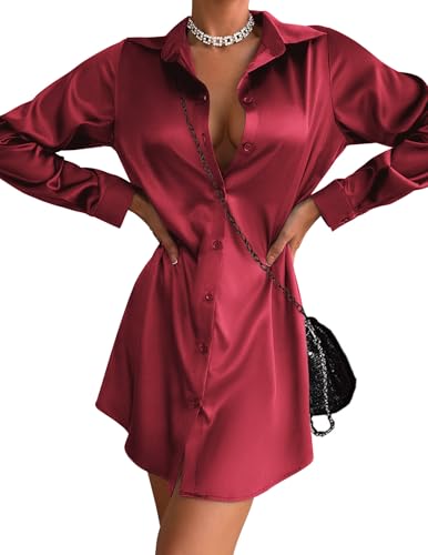 Zeagoo Damen Stain Langarm Kleid Button Down Shirts Tunika Kleider Casual V-Ausschnitt Minikleid mit Gürtel, Weinrot, Mittel