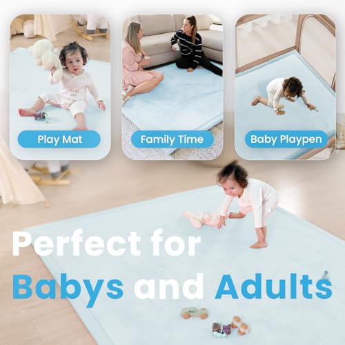Image of 1.3 inch Thick Baby Play Mat for Floor, 28x72 Foam Tummy Time Mat, Padded Support Soft Plush Bedside Rugs for Infant Kids Toddler Crawling Kick Activity (Ice Blue)