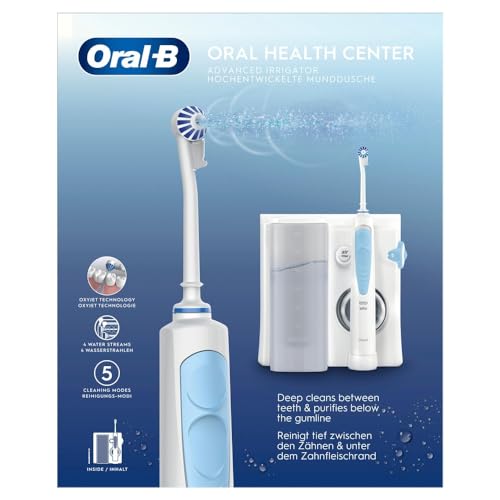 Oral-B Oral Health Center Munddusche, 2 Ersatzdüsen, Zahnzwischenraumreiniger für sanfte Zahnreinigung & gesünderes Zahnfleisch, mit Oxyjet-Technologie, 5 Druckstufen für Zahnpflege, weiß/blau – Bild 3