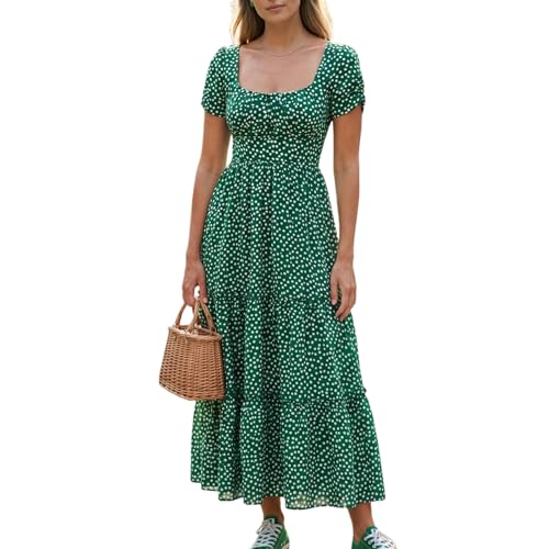 Image of ZHAOCAI Women's Polka Dot Midi Dress, Square Neck, Short Puff Sleeve, Tiered Ruffle, Casual Party Summer Dress (UK, Alpha, L, Regular, Regular, Green)