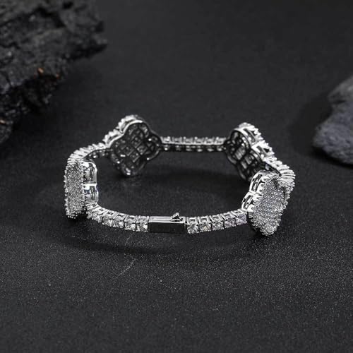 Men's Hip-Hop Spring Clasp Four-Leaf Clover Zircon Tennis Bracelet Silver or Gold Finish Available 7“ or 8” Length Versatile Fashion Accessory - Image 4