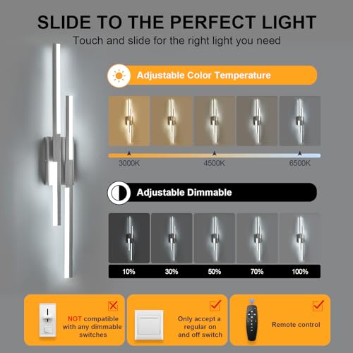Image of Benkut Modern LED Wall Sconce Silver Remote Wall Light Fixtures for Bathroom, Dimmable Vanity Light Indoor LED Remote Wall Sconce for Living Dining Room Bedside Bedroom(3000-6500K 35.4inch)